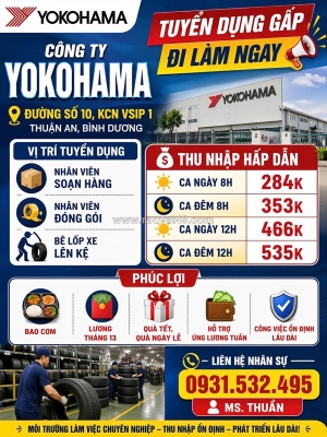 Yokohama – vsip 1, bình dương tuyển 20 lđpt làm ca ngày / ca đêm