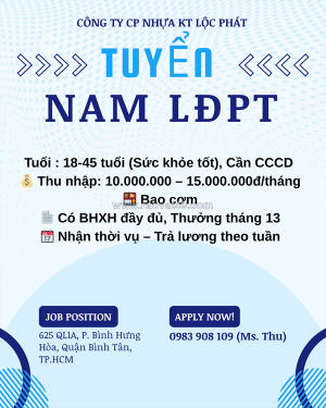 10 nam lđpt quận bình tân ko cần kn, bao cơm