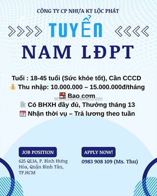 10 nam lđpt quận bình tân ko cần kn, bao cơm