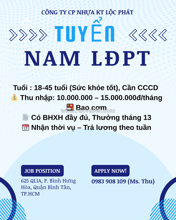 10 nam lđpt quận bình tân ko cần kn, bao cơm