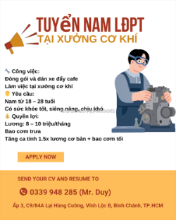 [bao cơm, ko cần kn] 4 nv xưởng cơ khí bình chánh