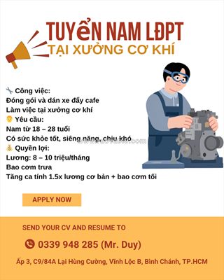 [bao cơm, ko cần kn] 4 nv xưởng cơ khí bình chánh
