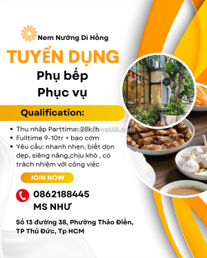 [bao cơm] phụ bếp, phục vụ ở thảo điền