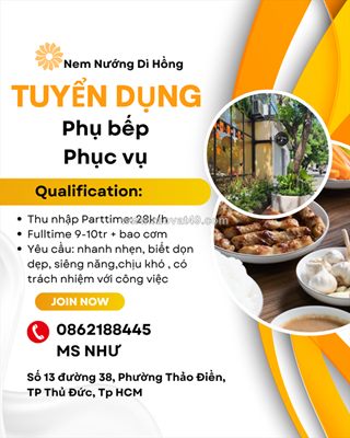 [bao cơm] phụ bếp, phục vụ ở thảo điền