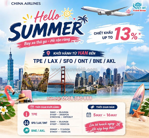 China airlines ưu đãi vé chào hè đi đài bắc, úc, mỹ