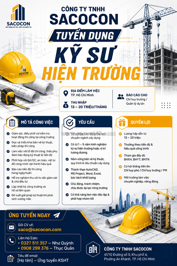 Công ty tnhh sacocon tuyển dụng kỹ sư hiện trường