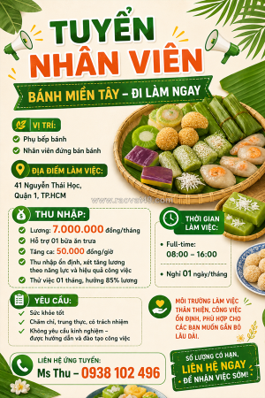 [ko cần kn, bao cơm] nv phụ bếp, nv bán bánh q1