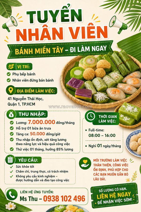 [ko cần kn, bao cơm] nv phụ bếp, nv bán bánh q1