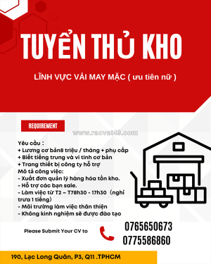 [ko cần kn, free đào tạo] nv thủ kho quận 11