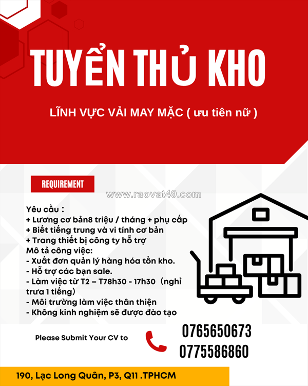 [ko cần kn, free đào tạo] nv thủ kho quận 11