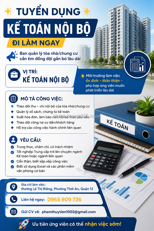 [làm ngay] kế toán nội bộ quận 12
