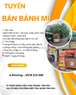 [làm ngay] nv bán bánh mì buổi sáng tân phú