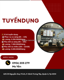 [làm ngay] nv phục vụ, pha chế quận 2