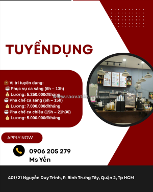[làm ngay] nv phục vụ, pha chế quận 2