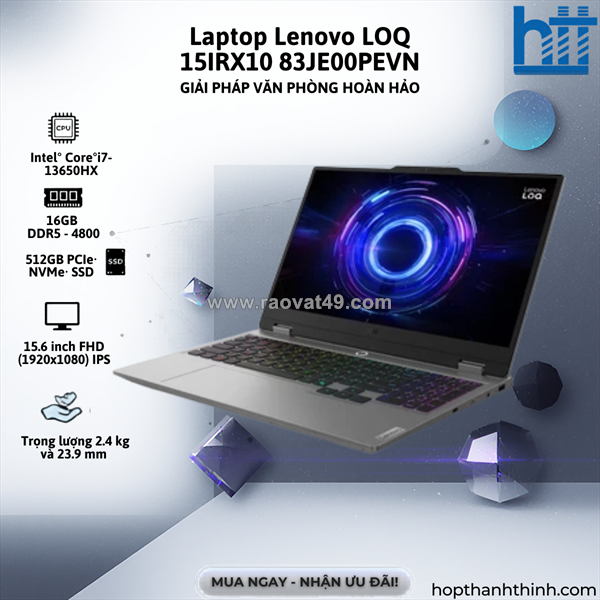 Máy tính xách tay lenovo loq 15irx10 83je00pevn (intel core i7-13650hx | rtx 5050 8gb gddr7 | 15.6 inch fhd | 16gb | 512gb | windows 11 home | xám)