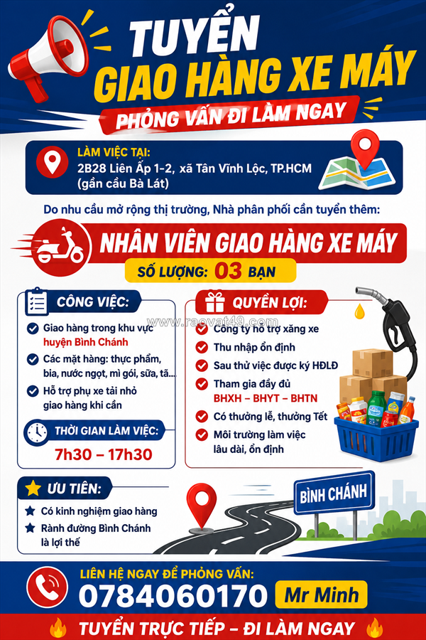 Tuyển 3 nv giao hàng xe máy bình chánh