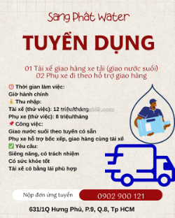 Tuyển 3 tài xế, phụ xe giao hàng nước suối quận 8