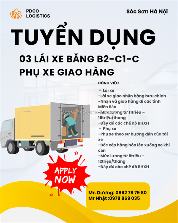 Tuyển lái xe bằng b2-c1-c phụ xe giao hàng sóc sơn