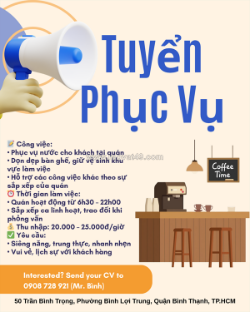 Tuyển nhân viên phục vụ quán cà phê bình thạnh