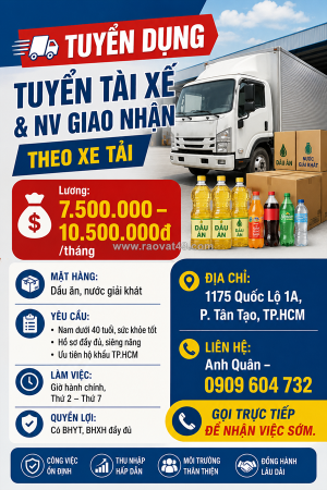 Tuyển tài xế & nv giao nhận theo xe tải