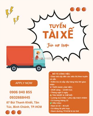 Tuyển tài xế xe tải giao hàng trái cây bình chánh
