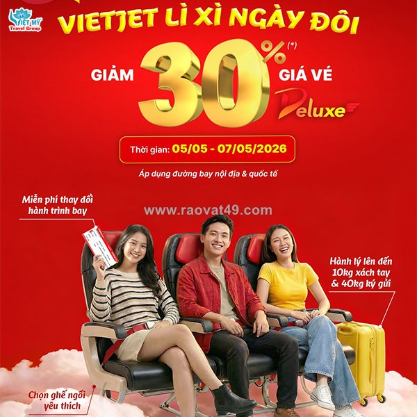 Vietjet giảm 30% giá vé hạng deluxe nhân ngày 5/5