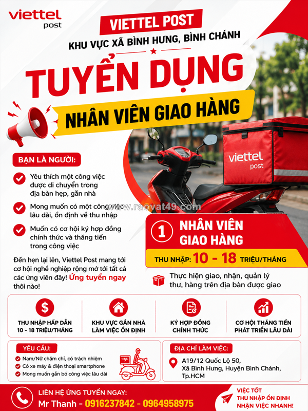 Viettel post bình hưng – bình chánh tuyển dụng nhân viên giao hàng