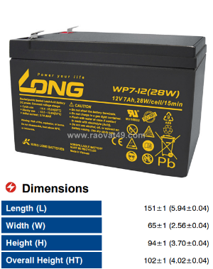 Ắc quy kín khí(vrla agm) long 12v-28wpc-1.6vpc-15min, wp7-12(28w),f2