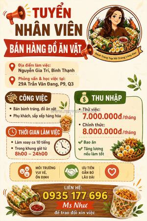 [bao cơm] nhân viên bán hàng đồ ăn vặt bình thạnh