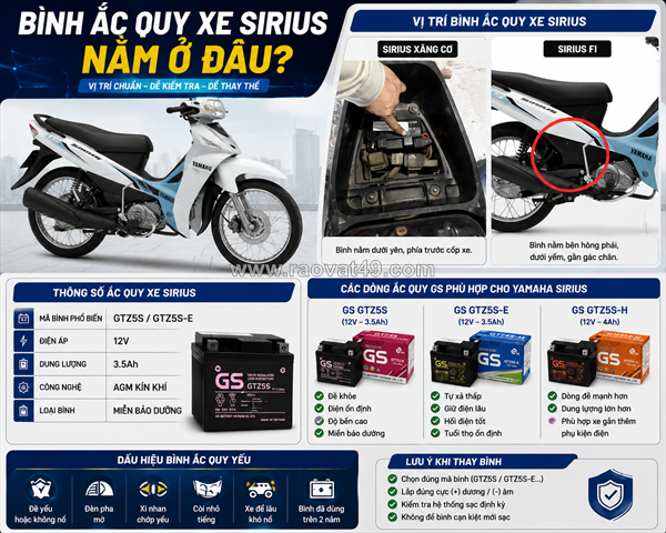 Bình ắc quy xe sirius nằm ở đâu?