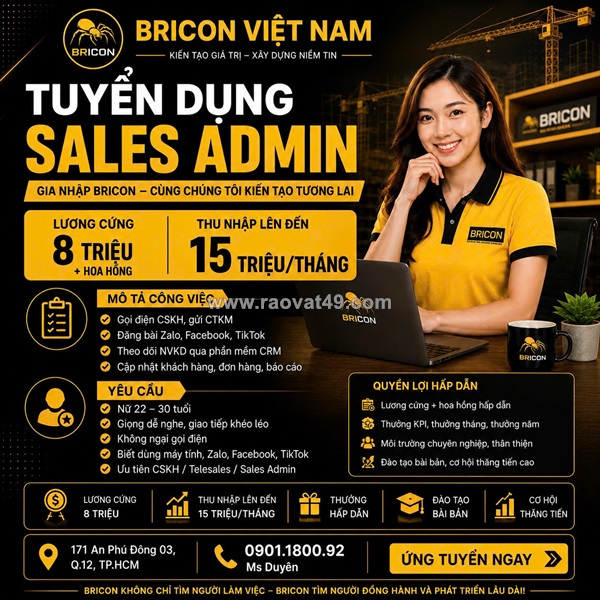 Cty bricon tuyển nữ nv kinh doanh cskh làm tại q12
