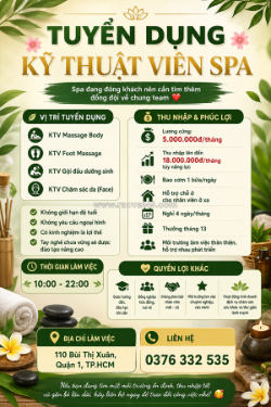 [free đào tạo, bao cơm] kỹ thuật viên spa quận 1