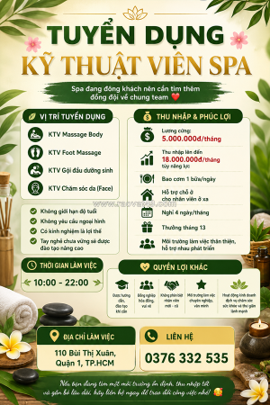 [free đào tạo, bao cơm] kỹ thuật viên spa quận 1