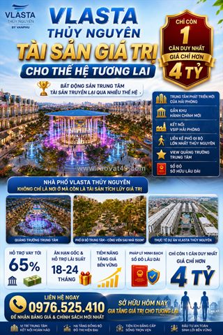 Giá chỉ hơn 4,x tỷ sở hữu căn hộ vlasta thủy nguyên  -mặt tiền 5m, đường 15m, kinh doanh tốt