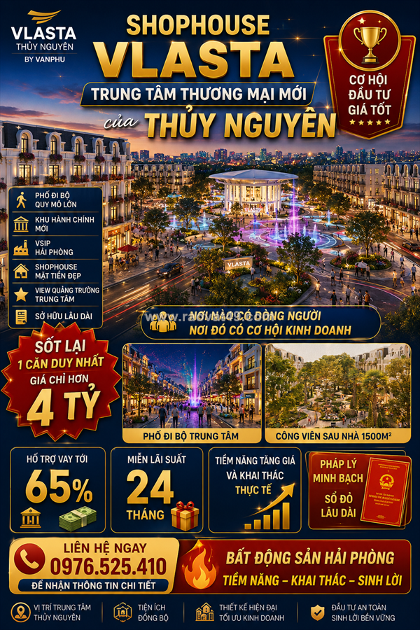 Giá chỉ từ 4,x tỷ - sở hữu nhà phố cao cấp tại dự án vlasta thủy nguyên