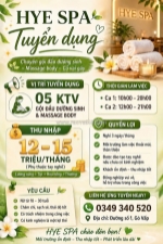 Hye spa tuyển nv gội dưỡng sinh, massage body cổ vai gáy làm ở gv