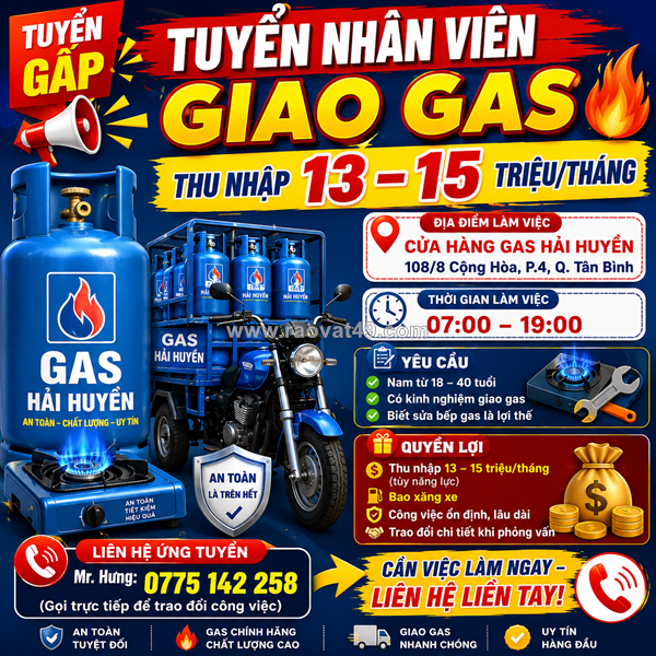 [làm ngay] nhân viên giao gas quận tân bình