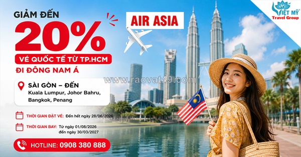 Săn vé airasia giảm 20% đến các điểm đến đông nam á