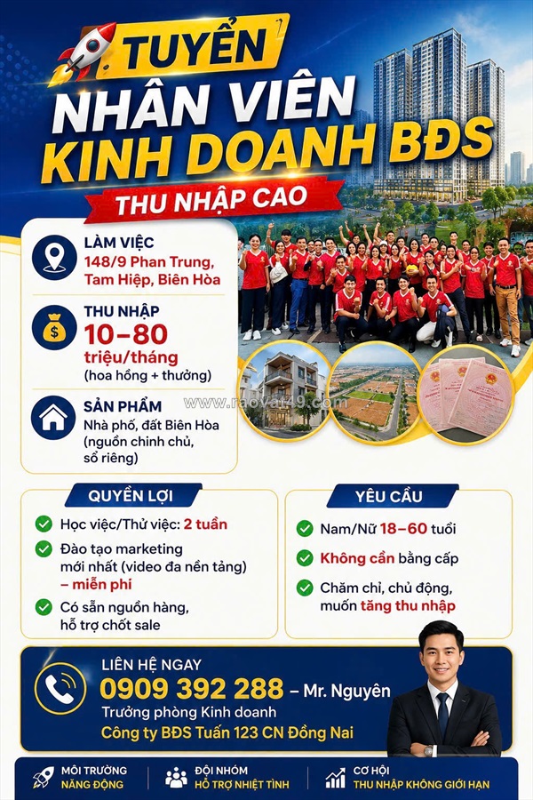 Tam hiệp đồng nai tuyển nvkd bđs ko yc kinh nghiệm đi làm ngay
