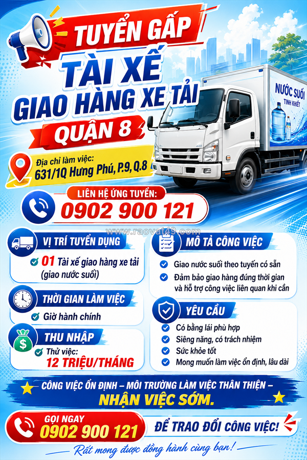 Tuyển 1 tài xế giao hàng xe tải quận 8