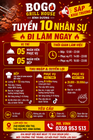 Tuyển 10 nhân viên phục vụ, bếp bình dương