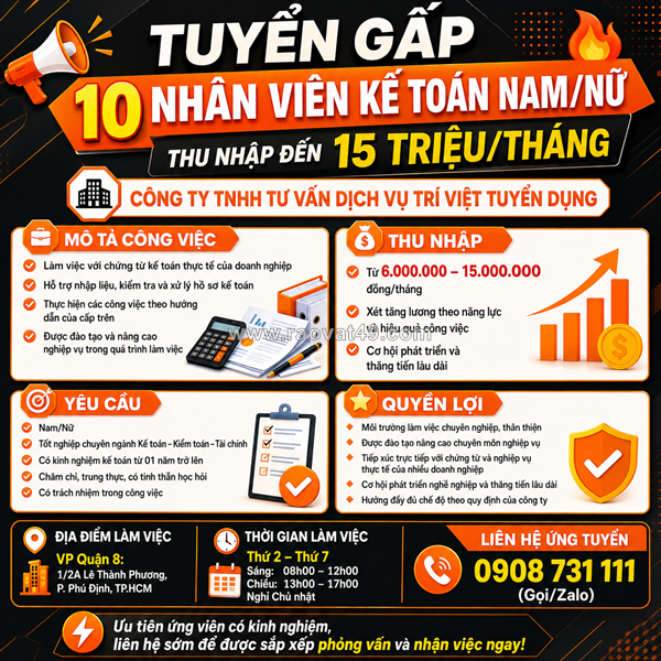 Tuyển 10 nv kế toán quận 8