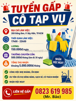 Tuyển cô tạp vụ ca tối (17h00 - 22h00) tp.hcm