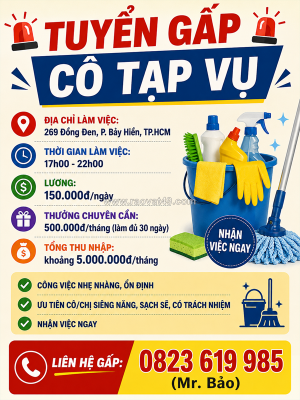 Tuyển cô tạp vụ ca tối (17h00 - 22h00) tp.hcm