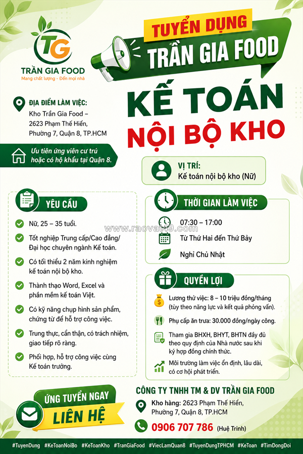 Tuyển kế toán nội bộ kho quận 8