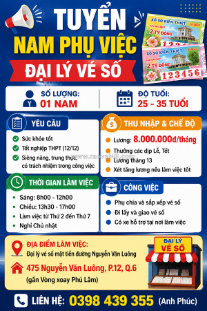 Tuyển nam nv phụ việc đại lý vé số quận 6
