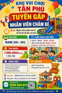 Tuyển nhân viên chăm sóc & hỗ trợ bé quận tân phú
