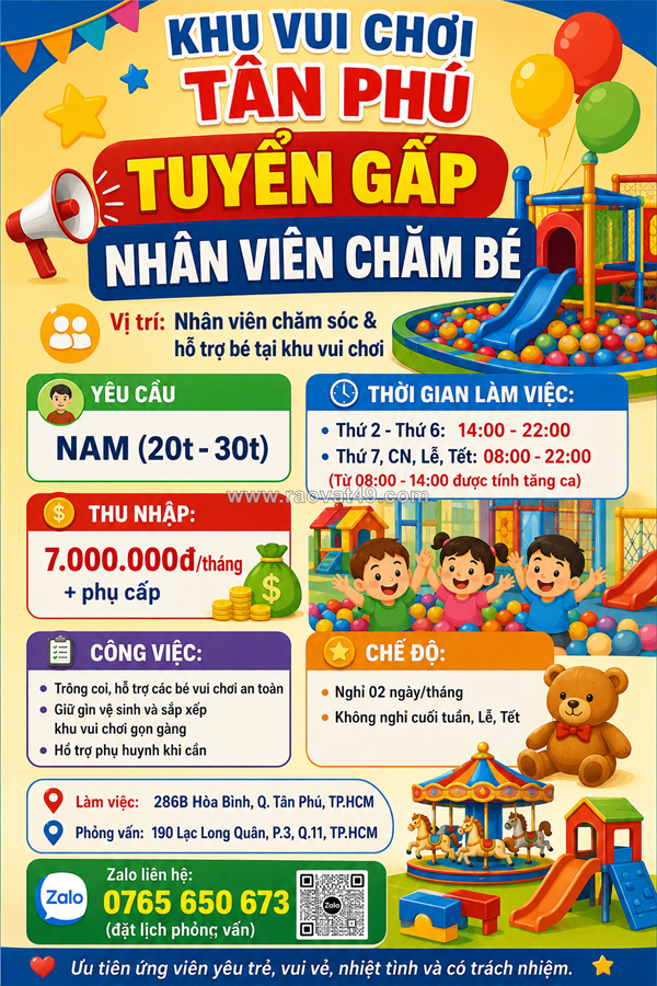 Tuyển nhân viên chăm sóc & hỗ trợ bé quận tân phú