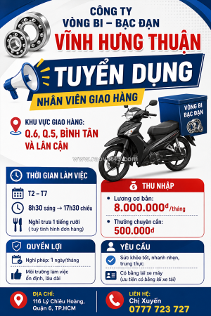 Tuyển nhân viên giao hàng quận 6, quận 5, bình tân