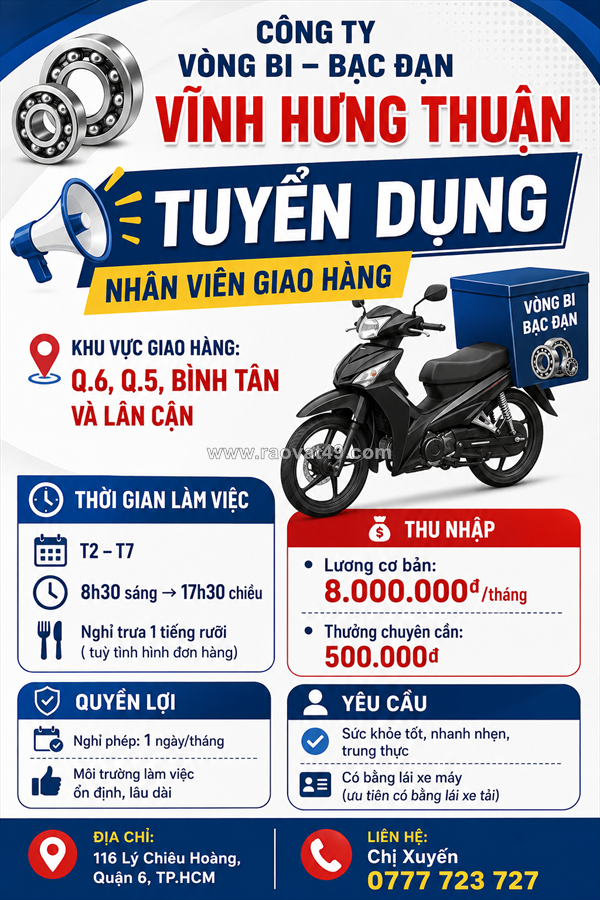 Tuyển nhân viên giao hàng quận 6, quận 5, bình tân